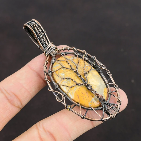 Maligano Jasper Oval Yellow Handmade Copper Wire Wrapped Pendant