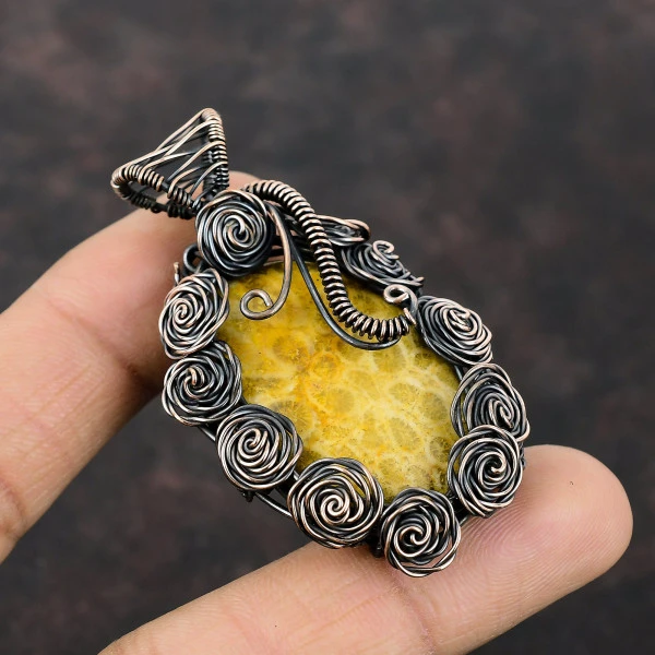 Fossil Coral Oval Yellow Handmade Copper Wire Wrapped Pendant