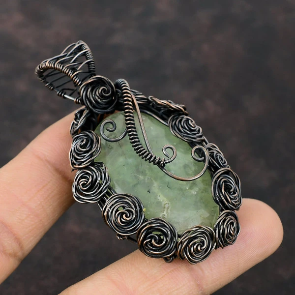 Moss Prehnite Oval Green Handmade Copper Wire Wrapped Pendant