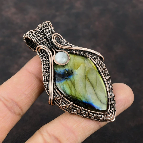 Labradorite Oval Gray Handmade Copper Wire Wrapped Pendant