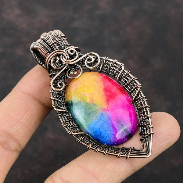 Rainbow Solar Quartz Druzy Oval Yellow Handmade Copper Wire Wrapped Pendant