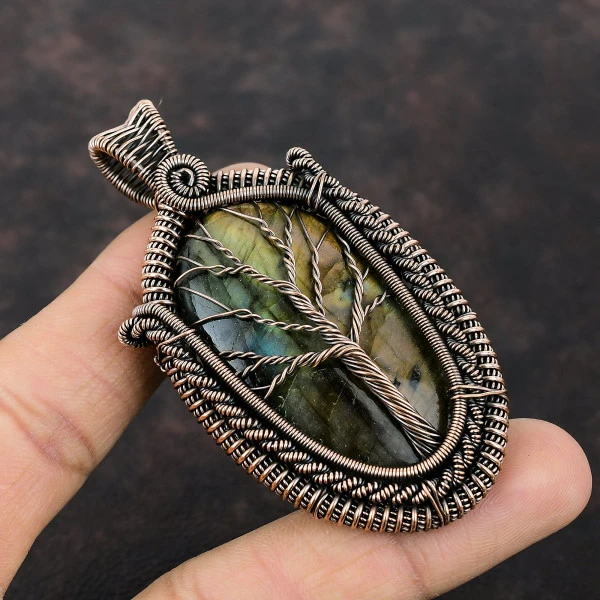 Labradorite Oval Gray Handmade Copper Wire Wrapped Pendant
