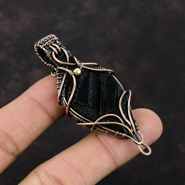 Black Tourmaline Rough Pear Black Handmade Copper Wire Wrapped Pendant