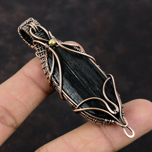 Black Tourmaline Rough Oval Black Handmade Copper Wire Wrapped Pendant