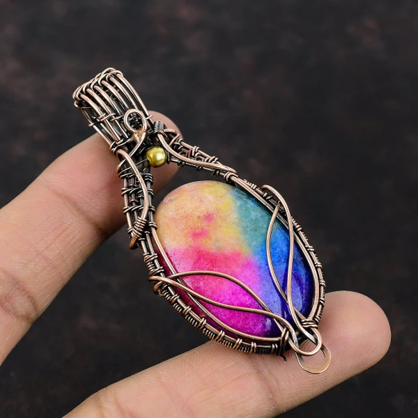 Rainbow Solar Quartz Druzy Oval Yellow Handmade Copper Wire Wrapped Pendant