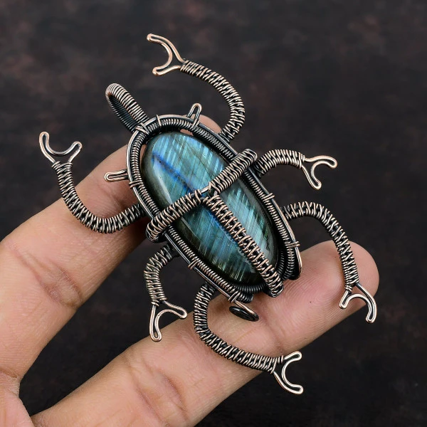 Labradorite Oval Gray Handmade Copper Wire Wrapped Pendant