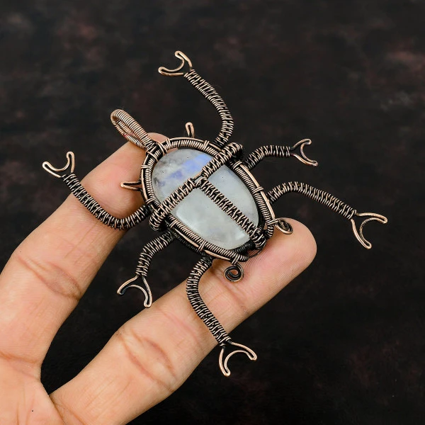 Rainbow Moonstone Oval White Handmade Copper Wire Wrapped Pendant