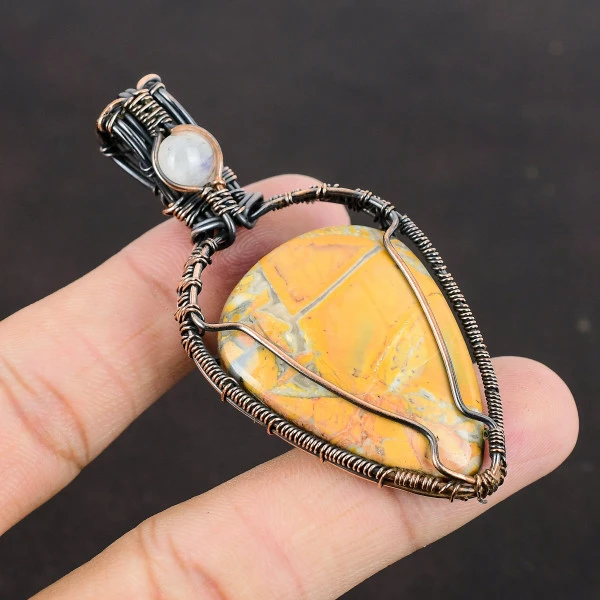 Maligano Jasper Pear Yellow Handmade Copper Wire Wrapped Pendant