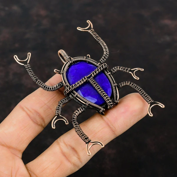 Blue Sapphire Oval Blue Handmade Copper Wire Wrapped Pendant