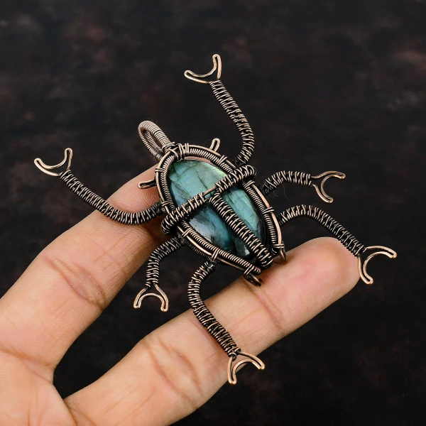 Labradorite Oval Gray Handmade Copper Wire Wrapped Pendant