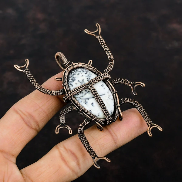 Dendrite Opal Oval White Handmade Copper Wire Wrapped Pendant