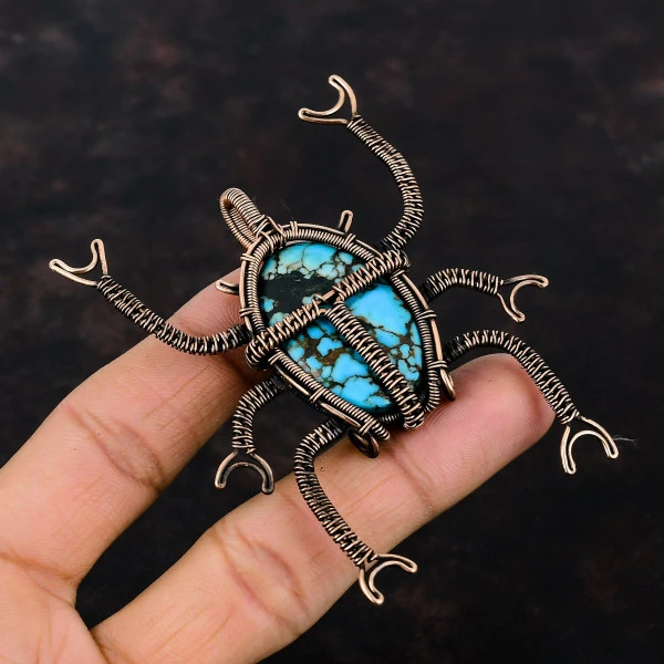 Tibetan Turquoise Oval Blue Handmade Copper Wire Wrapped Pendant