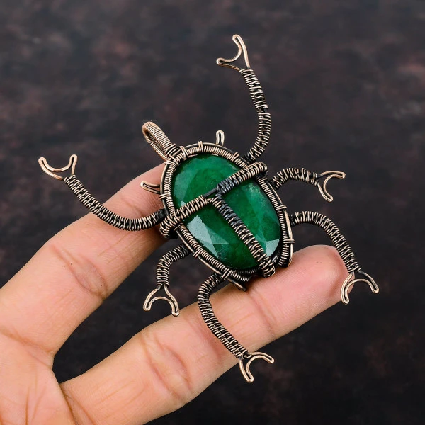 Zambian Emerald Oval Green Handmade Copper Wire Wrapped Pendant