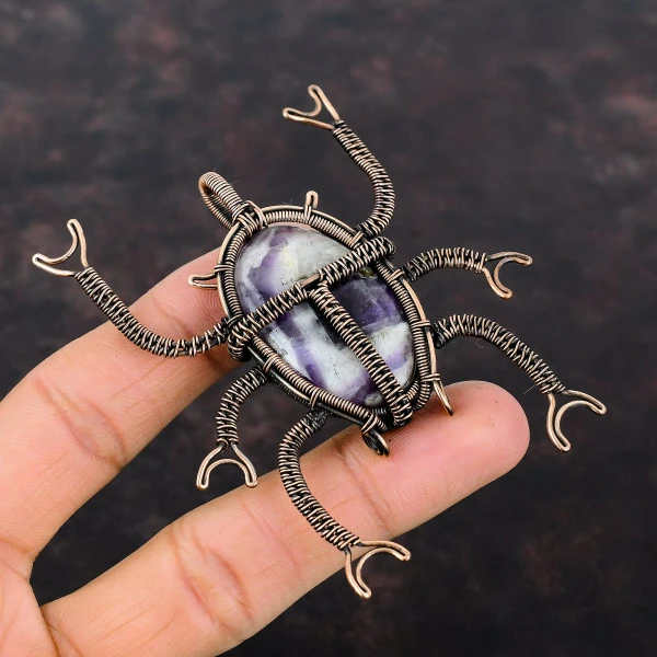 Chevron Amethyst Oval Purple Handmade Copper Wire Wrapped Pendant