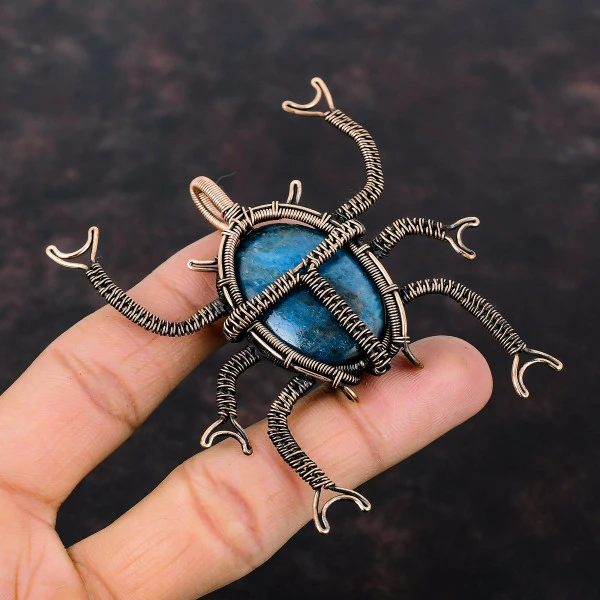 Neon Apatite Oval Blue Handmade Copper Wire Wrapped Pendant