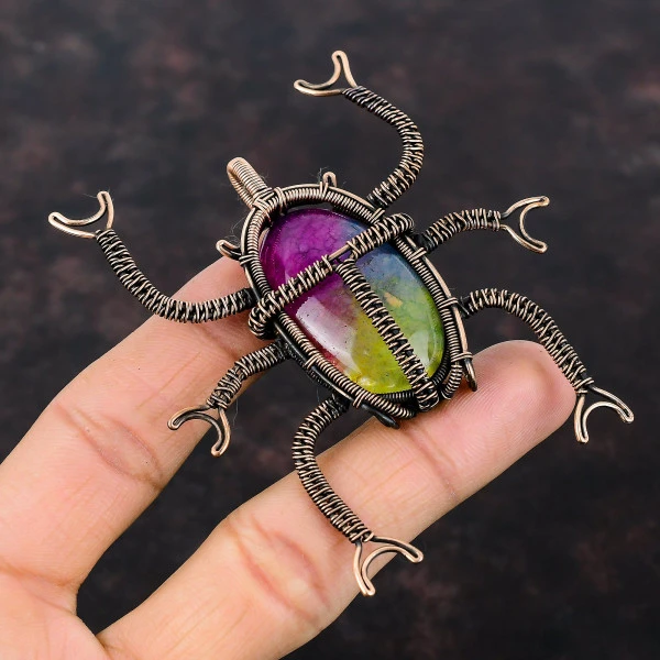 Rainbow Solar Quartz Druzy Oval Pink Handmade Copper Wire Wrapped Pendant