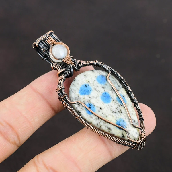 K2 Jasper Pear White Handmade Copper Wire Wrapped Pendant
