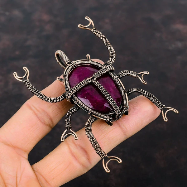 Kashmir Ruby Oval Red Handmade Copper Wire Wrapped Pendant