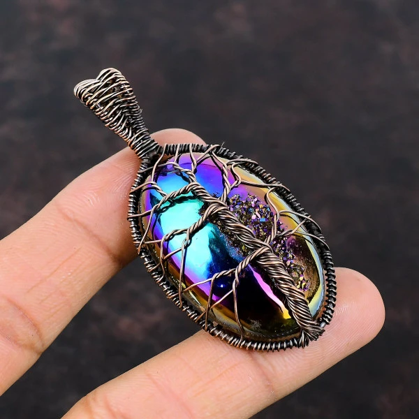 Tree Of Life Titanium Druzy Pendant Copper Wire Wrapped Jewelry Gemstone Pendant