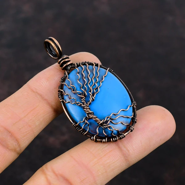 Sleeping Beauty Turquoise Oval Blue Handmade Copper Wire Wrapped Pendant