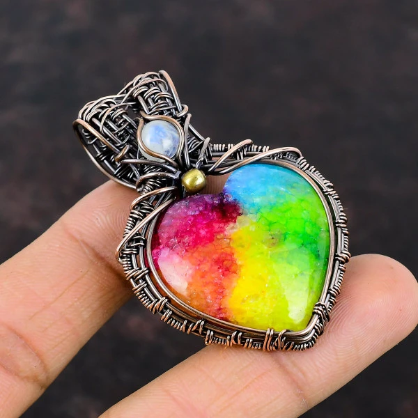 Rainbow Solar Quartz Druzy Heart Green Handmade Copper Wire Wrapped Pendant