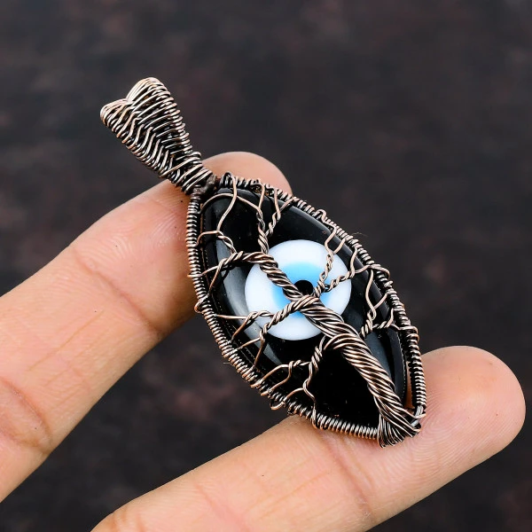Tree Of Life Black Color Evil Eye Pendant Copper Wire Wrapped Gemstone Jewelry
