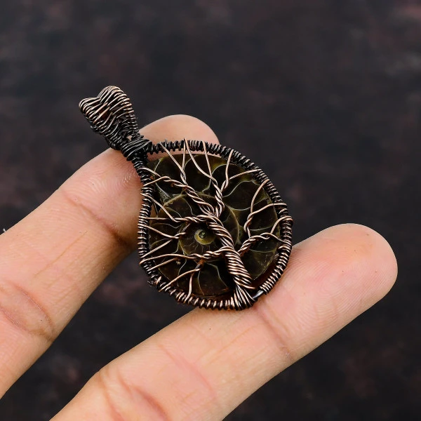 Tree Of Life Ammonite Fossil Pendant Copper Wire Wrap Jewelry Gemstone Pendant