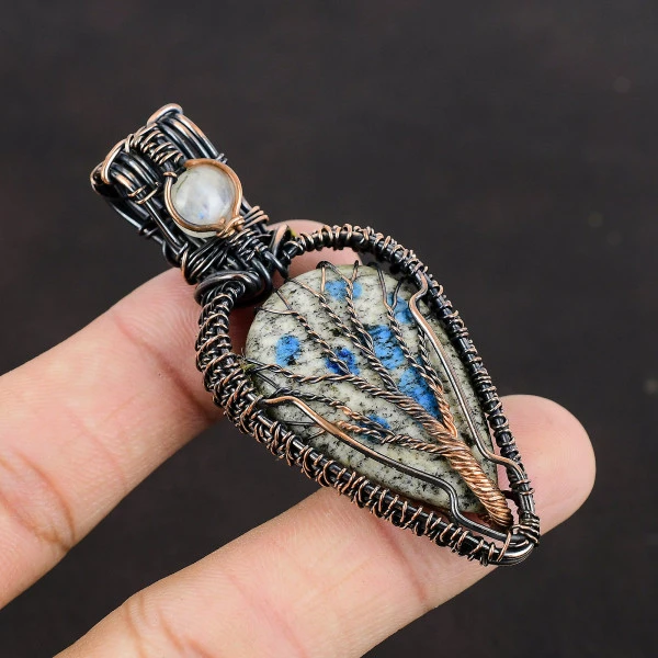 K2 Jasper Pear White Handmade Copper Wire Wrapped Pendant