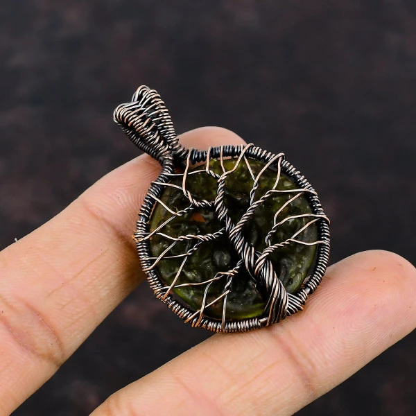 Tree of Life Moldavite Copper Wire Wrapped Pendant – Handmade Gemstone Jewelry