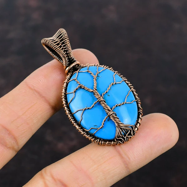 Tree Of Life Sleeping Beauty Turquoise Pendant Copper Wire Wrap Gemstone Pendant