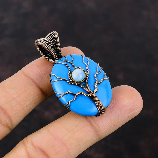 Sleeping Beauty Turquoise Oval Blue Handmade Copper Wire Wrapped Pendant