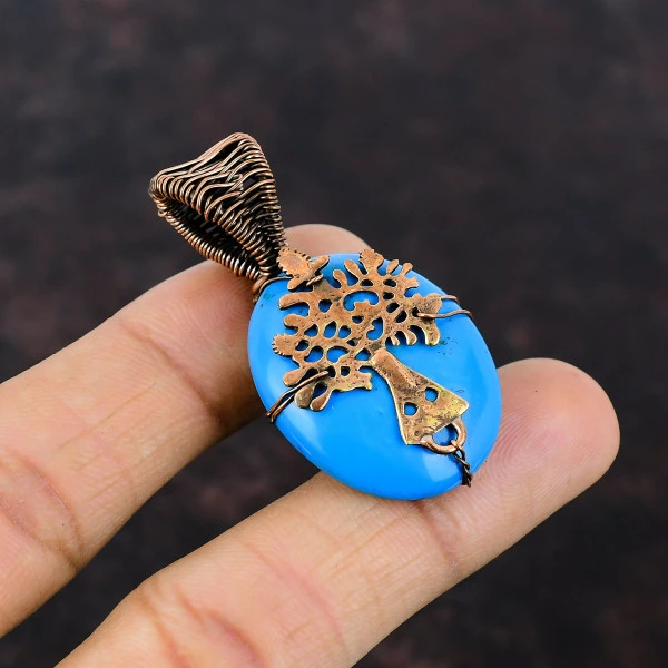 Sleeping Beauty Turquoise Oval Blue Handmade Copper Wire Wrapped Pendant