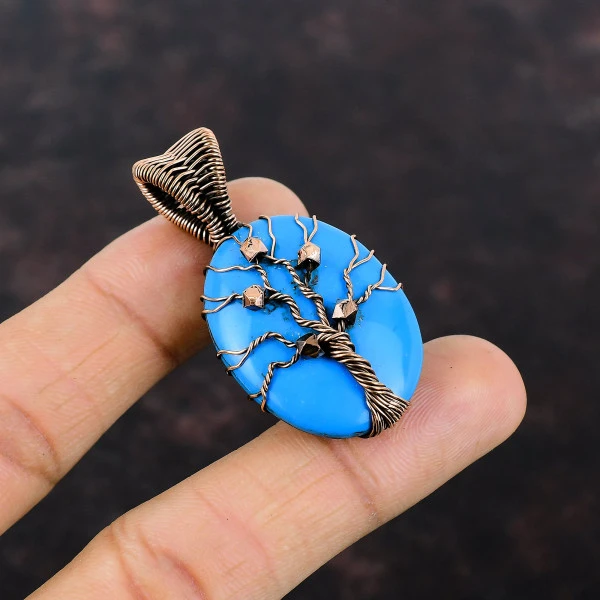 Sleeping Beauty Turquoise Oval Blue Handmade Copper Wire Wrapped Pendant