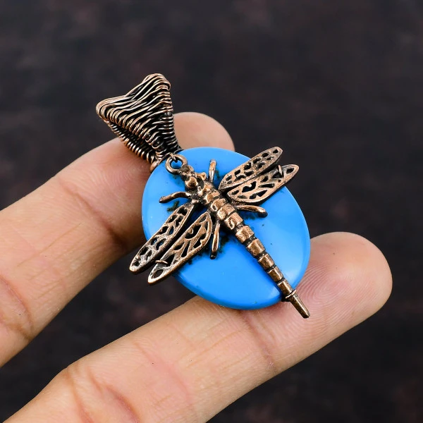 Sleeping Beauty Turquoise Oval Blue Handmade Copper Wire Wrapped Pendant
