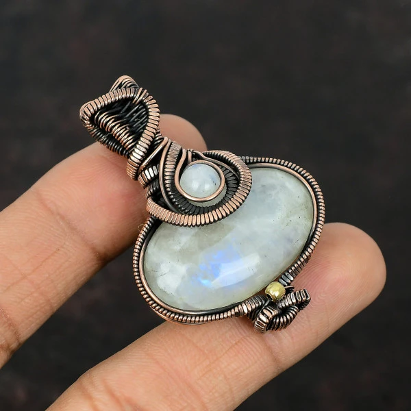Rainbow Moonstone Oval White Handmade Copper Wire Wrapped Pendant