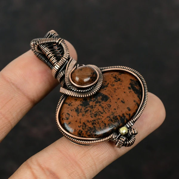 Mahogany Obsidian Oval Red Handmade Copper Wire Wrapped Pendant