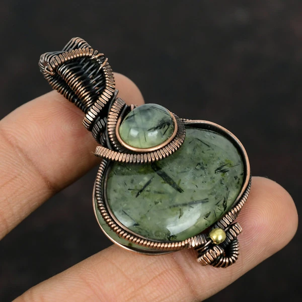 Moss Prehnite Oval Green Handmade Copper Wire Wrapped Pendant