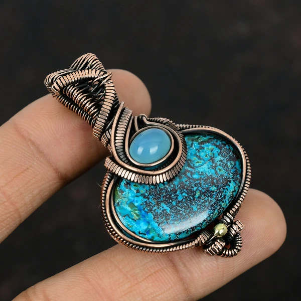 Chrysocolla & Blue Chalcedony Pendant – Handmade Copper Wire Wrapped Gemstone Jewelry