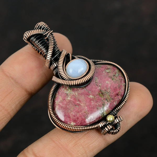 Thulite Oval Pink Handmade Copper Wire Wrapped Pendant