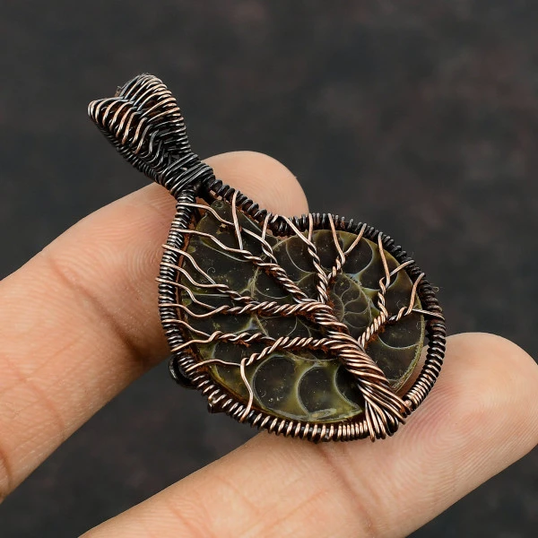 Tree Of Life Ammonite Fossil Pendant Copper Wire Wrap Jewelry Gemstone Pendant