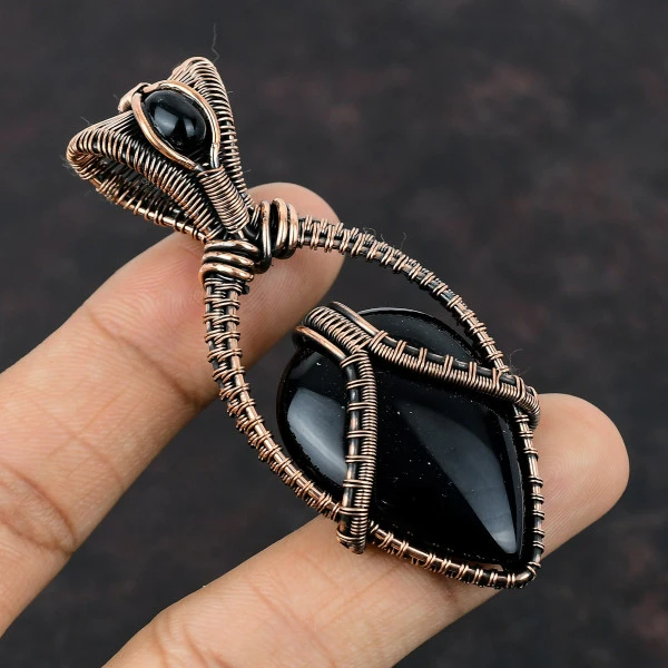Black Onyx Pear Black Handmade Copper Wire Wrapped Pendant