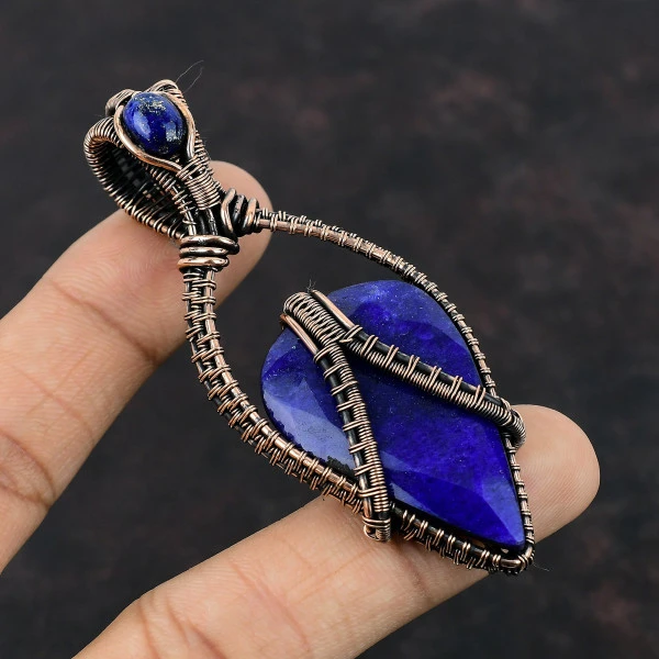Blue Sapphire Pear Blue Handmade Copper Wire Wrapped Pendant