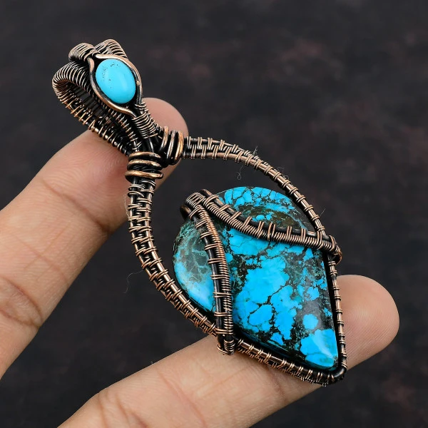 Tibetan Turquoise Pear Blue Handmade Copper Wire Wrapped Pendant