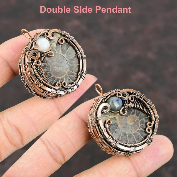 Ammonite Fossil Round Brown Handmade Copper Wire Wrapped Pendant