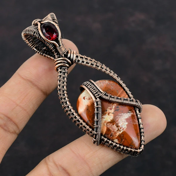 Red Snakeskin Jasper Pear Red Handmade Copper Wire Wrapped Pendant
