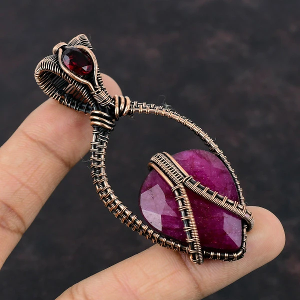 Kashmir Ruby Pear Red Handmade Copper Wire Wrapped Pendant
