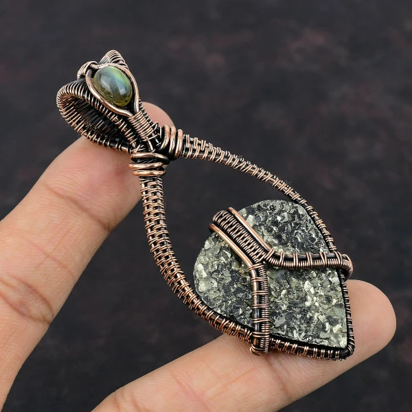 Golden Druzy Pear Gold Handmade Copper Wire Wrapped Pendant