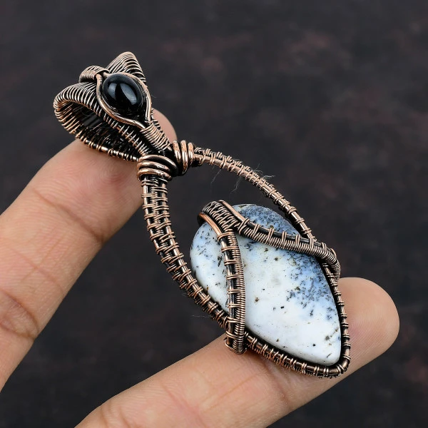 Dendrite Opal Pear White Handmade Copper Wire Wrapped Pendant