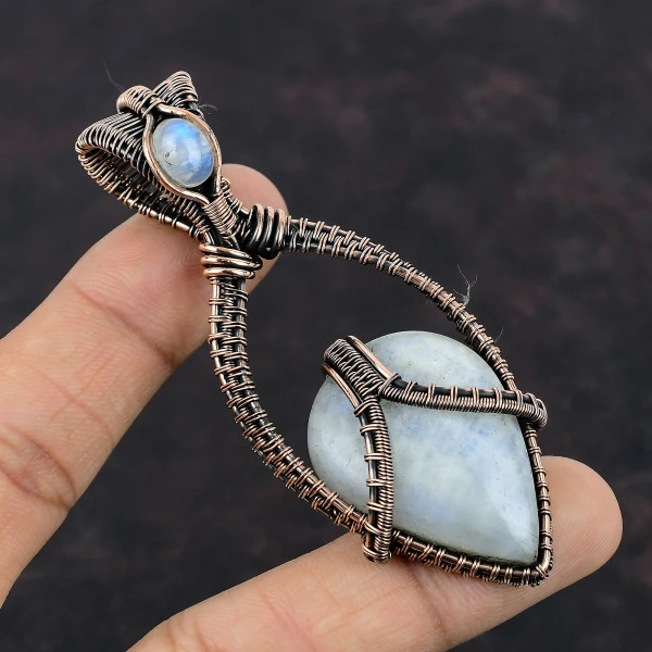 Rainbow Moonstone Pear White Handmade Copper Wire Wrapped Pendant