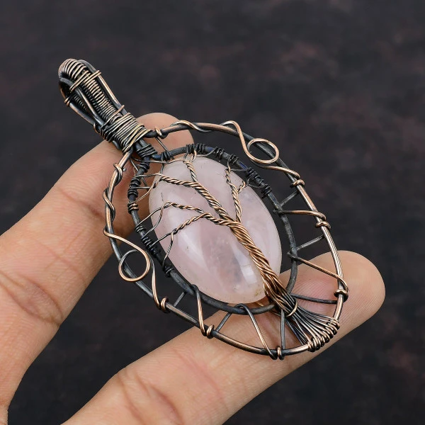 Rose Quartz Oval Pink Handmade Copper Wire Wrapped Pendant